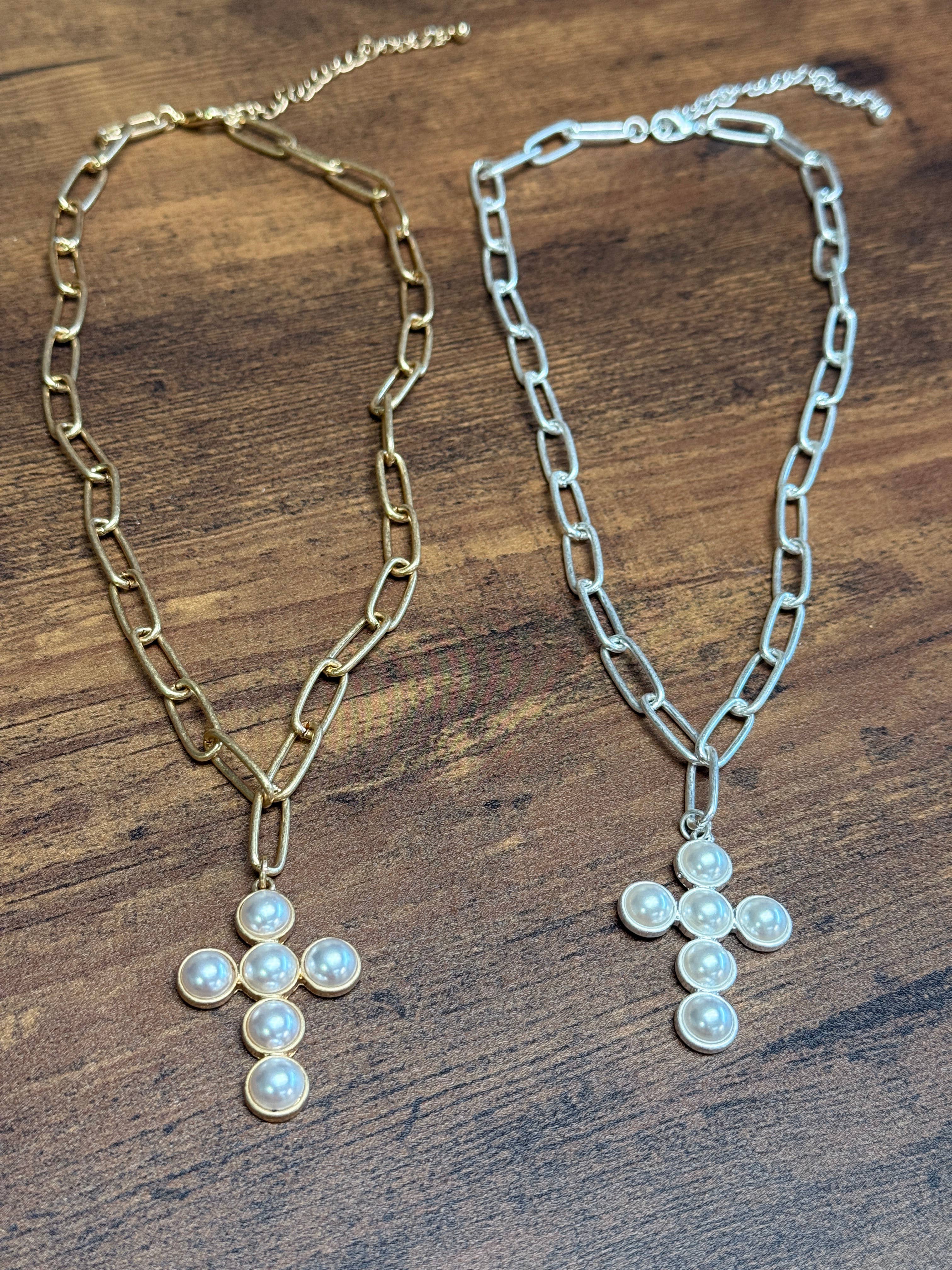 Gold Pearl Cross Necklace
