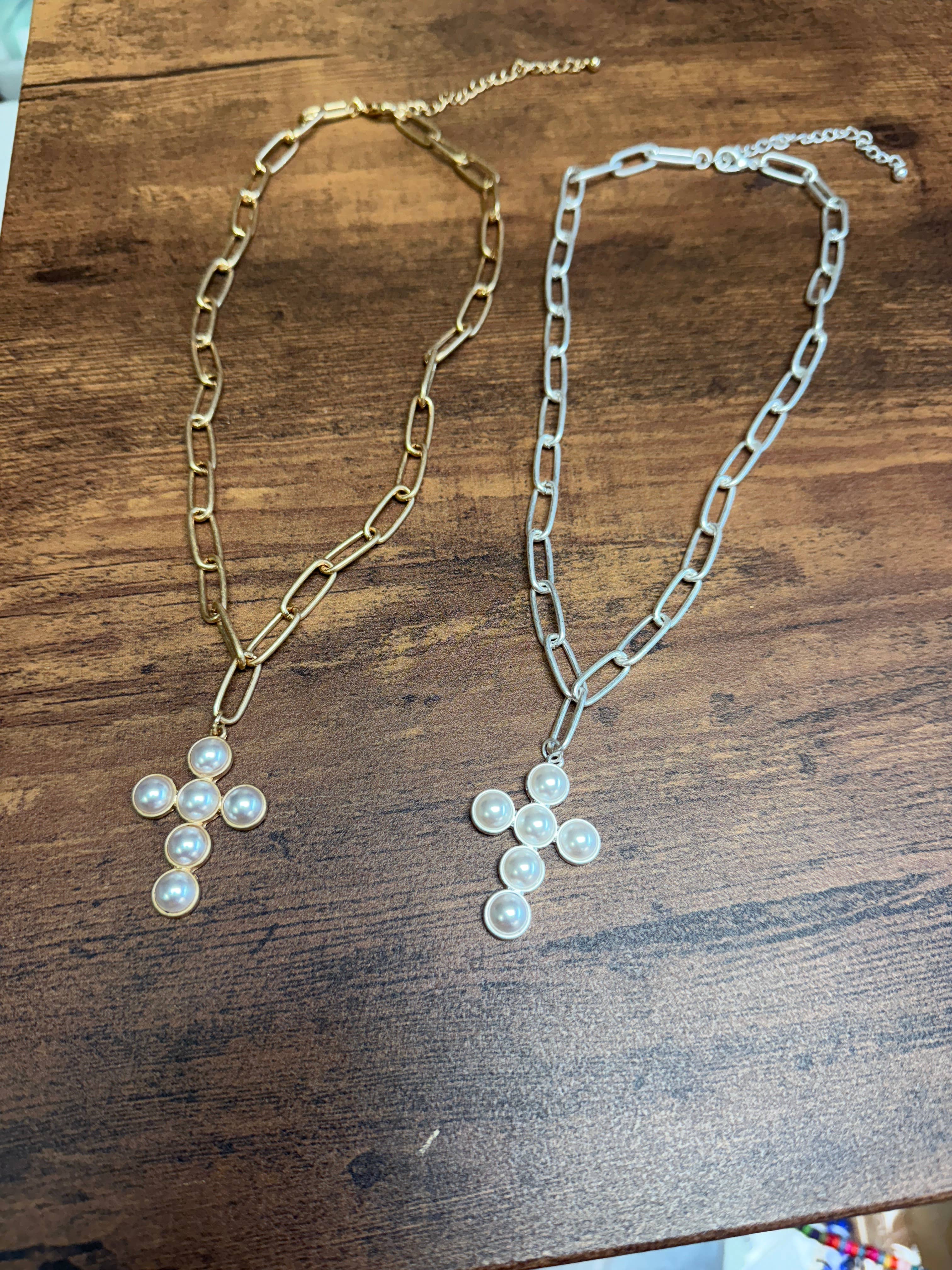 Gold Pearl Cross Necklace