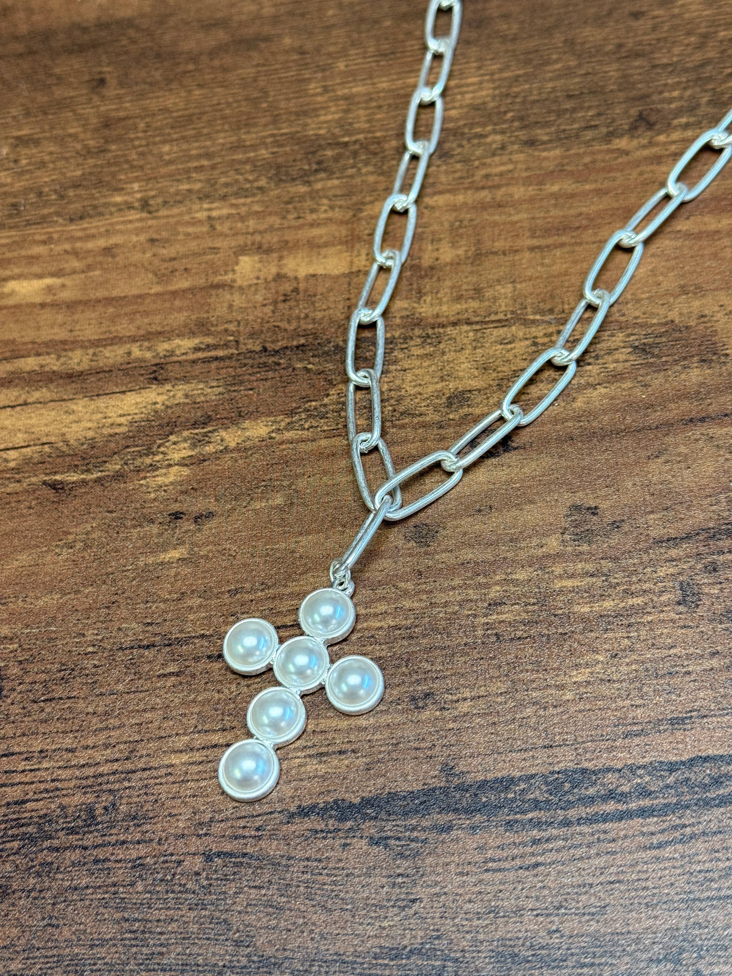 Gold Pearl Cross Necklace