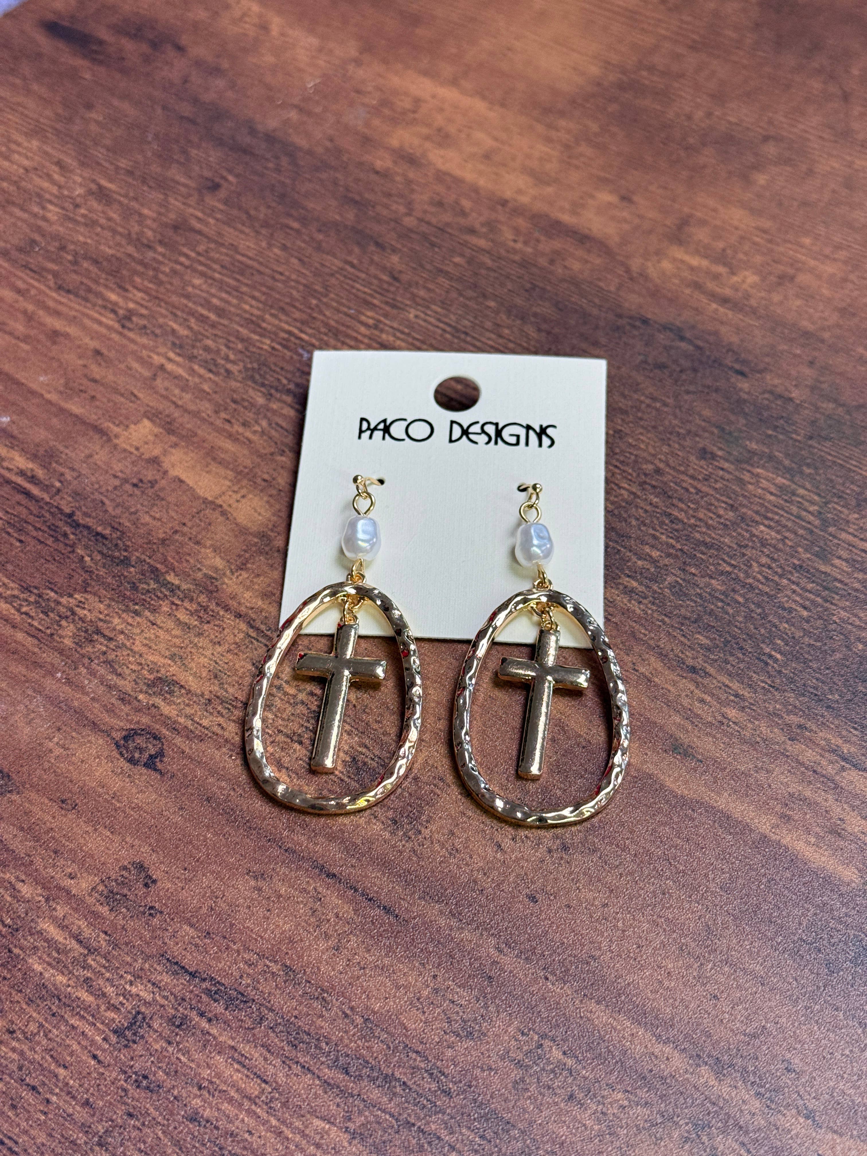 Gold Oval & Cross Earrings