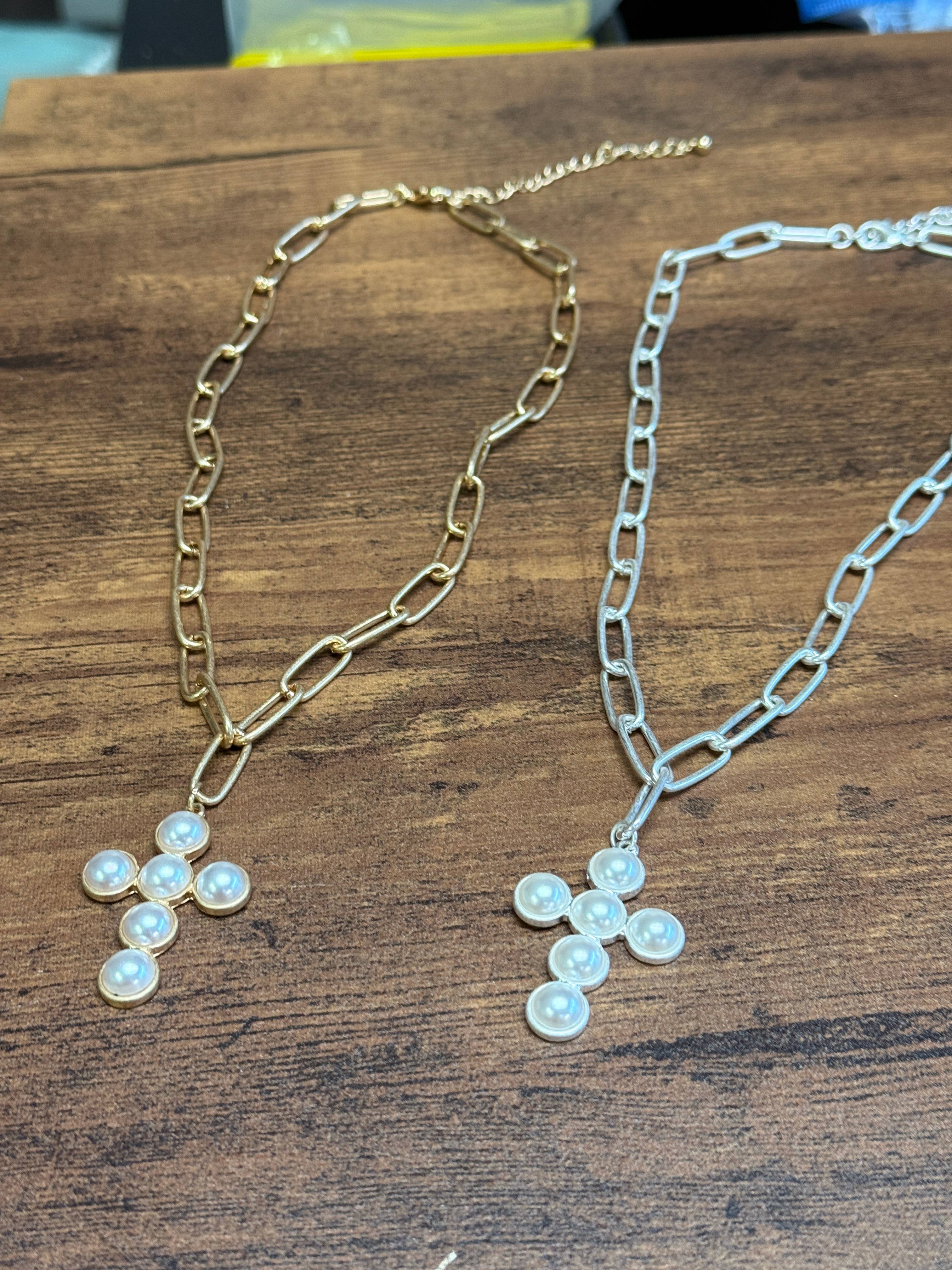 Gold Pearl Cross Necklace
