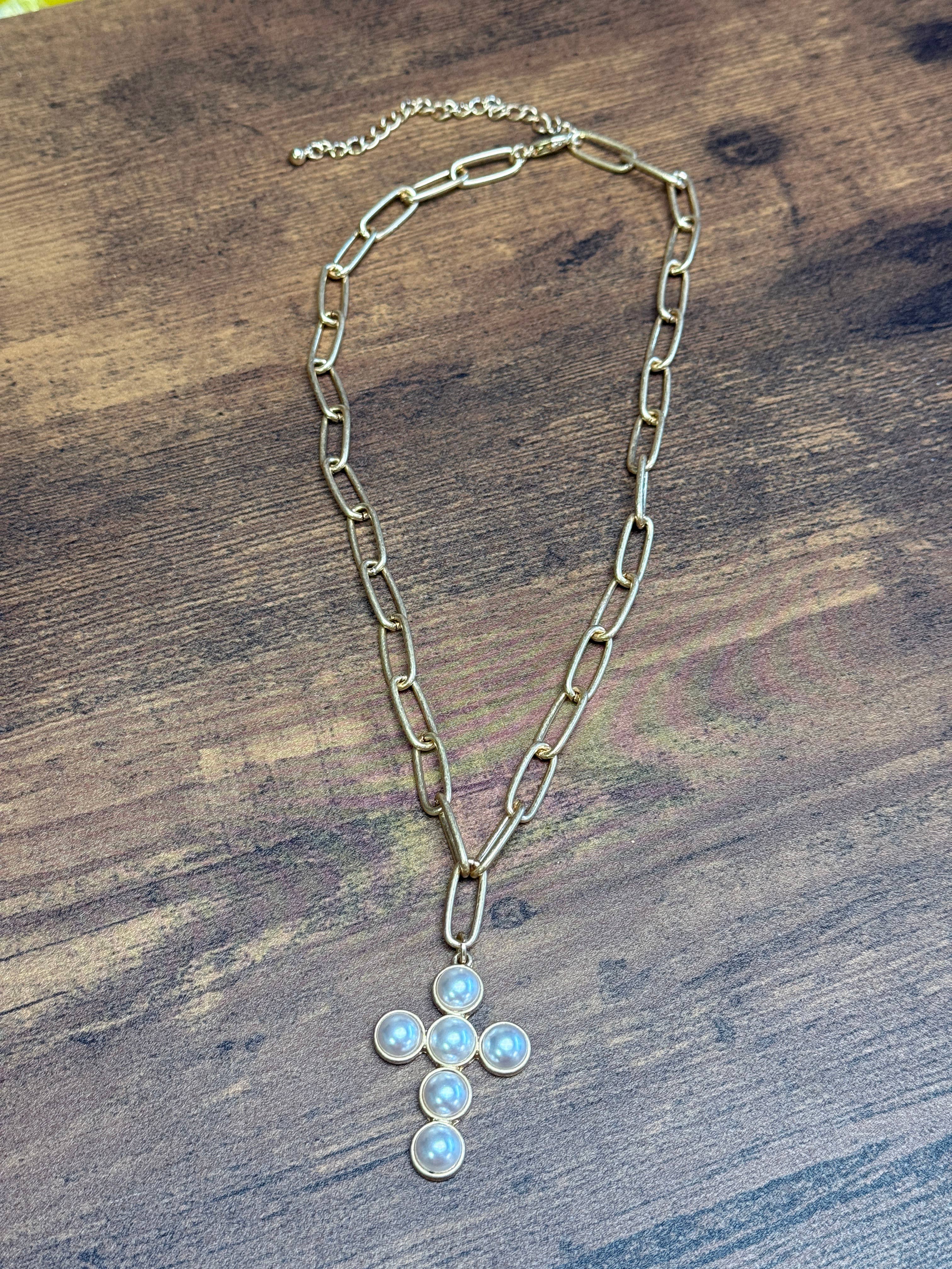 Gold Pearl Cross Necklace