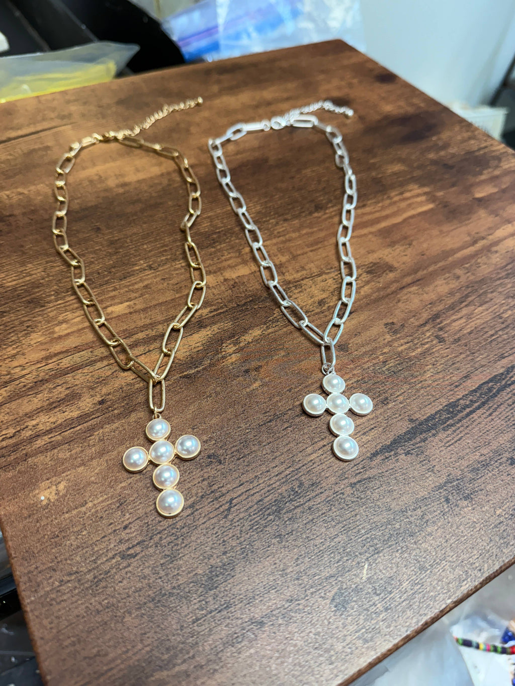 Gold Pearl Cross Necklace